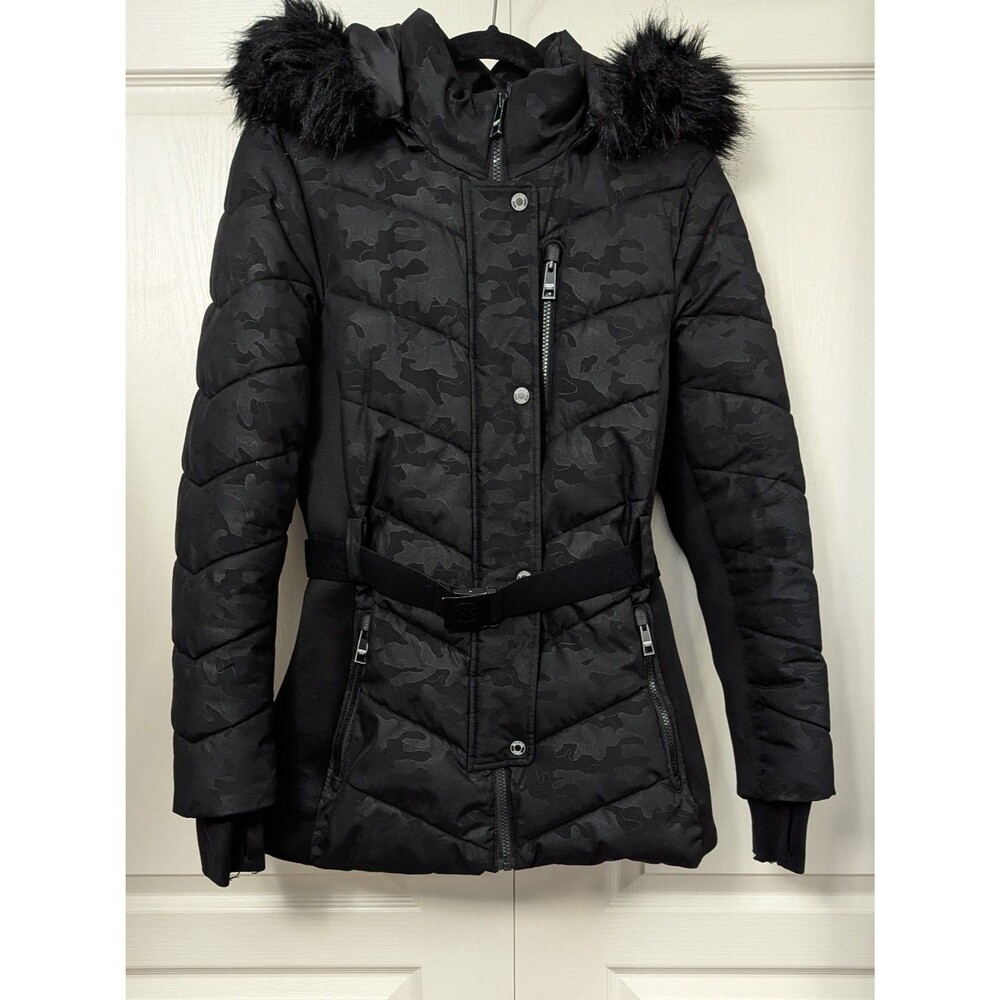 Michael Michael Kors Women Scuba Belted Hood Faux Fur Coat Jacket Black Camo M